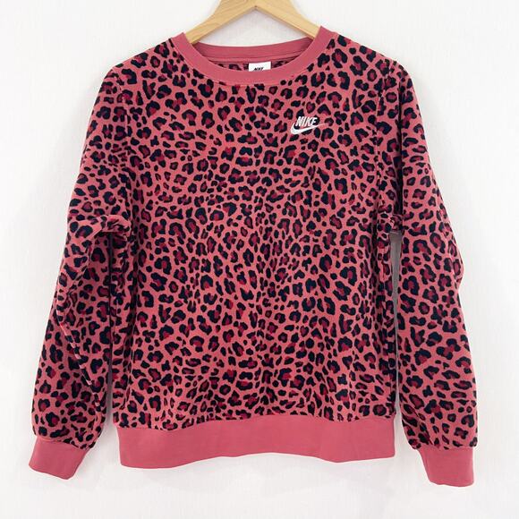 NIKE Women's Leopard Print Pullover Sweater XS Cheetah Red Pink Athleisure - Picture 1 of 5